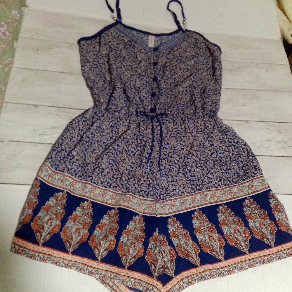 BOHO COTTAGE CORE BEADED ROMPER SHORTS TANK ONE PIECE SMALL WOMEN'S